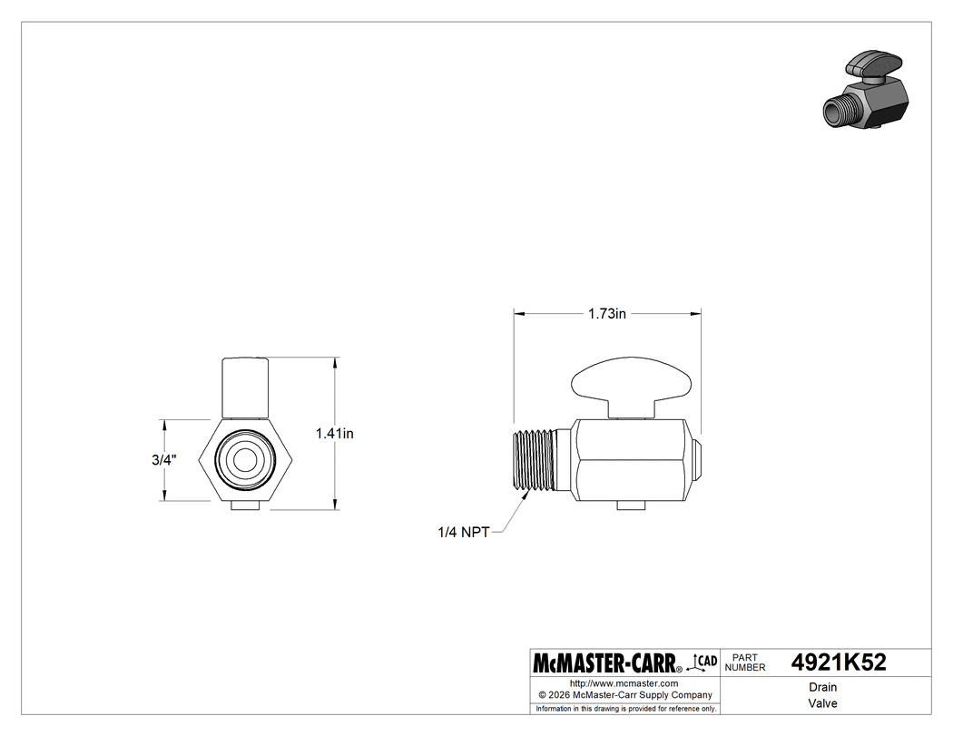 Technical Drawing of Drain Valve, Wing Nut Handle, Internal Seal and 1/4 NPT Male Inlet.